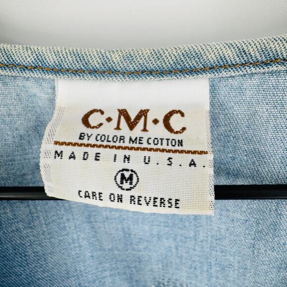 Vintage 90s CMC Embroidered Denim Chambray Button Down Short Sleeve Shirt Size M - Picture 3 of 6